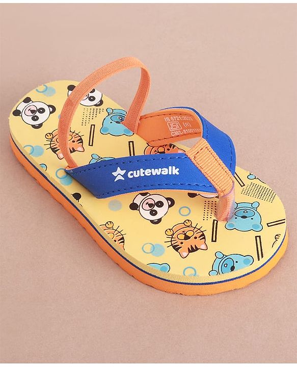 Cute Walk by Babyhug Flip Flops with Animal Print & Back Strap - Yellow