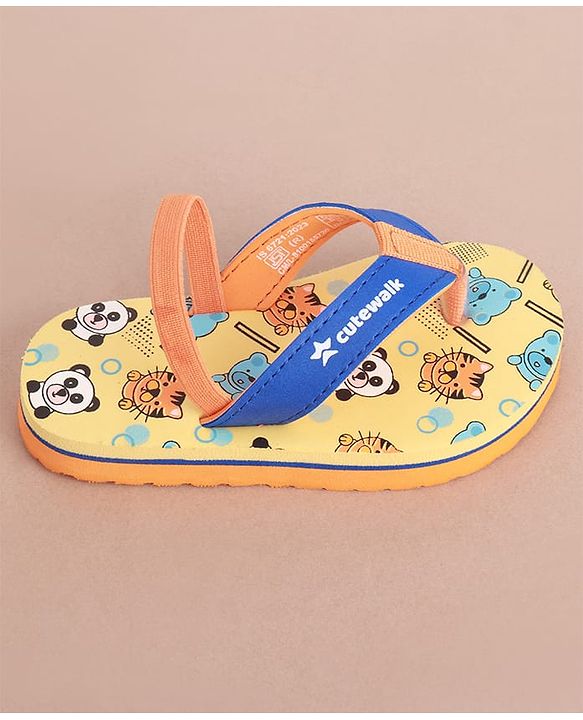 Cute Walk by Babyhug Flip Flops with Animal Print & Back Strap - Yellow