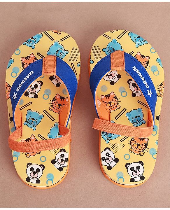 Cute Walk by Babyhug Flip Flops with Animal Print & Back Strap - Yellow