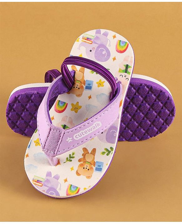 Cute Walk by Babyhug Flip Flops with Back Strap Closure & Elephant Print - Lilac