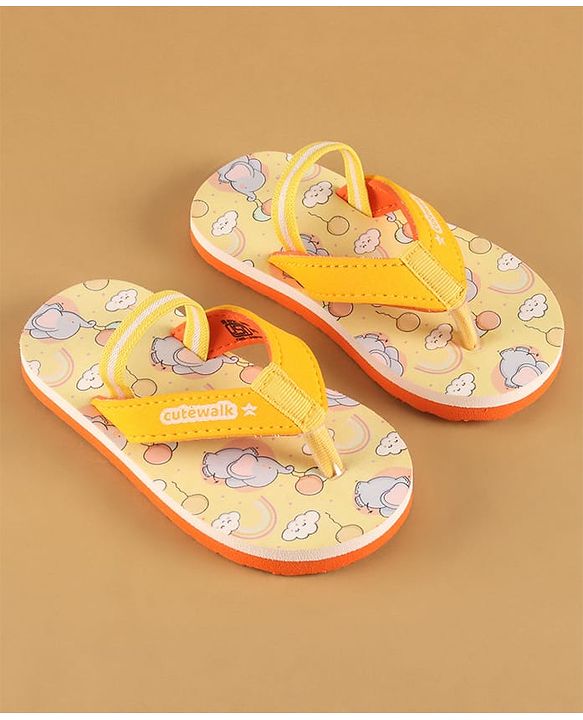 Cute Walk by Babyhug Flip Flops with Back Strap Closure & Elephant Print - Yellow