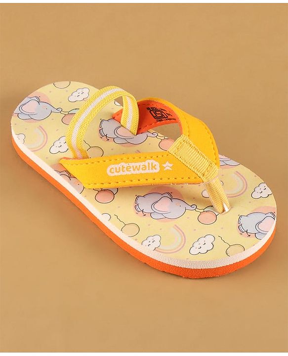 Cute Walk by Babyhug Flip Flops with Back Strap Closure & Elephant Print - Yellow