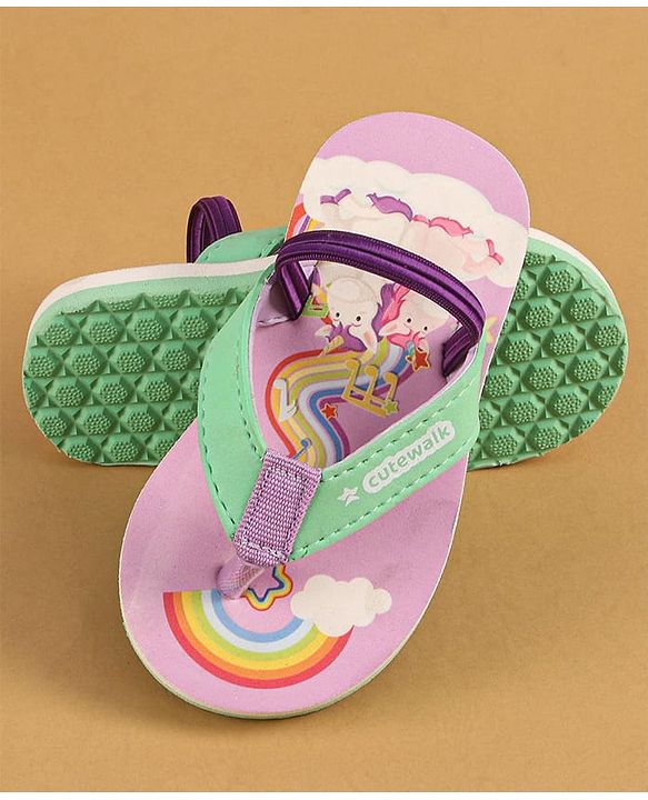 Cute Walk by Babyhug Flip Flops with Back Strap Closure & Unicorn Print - Green