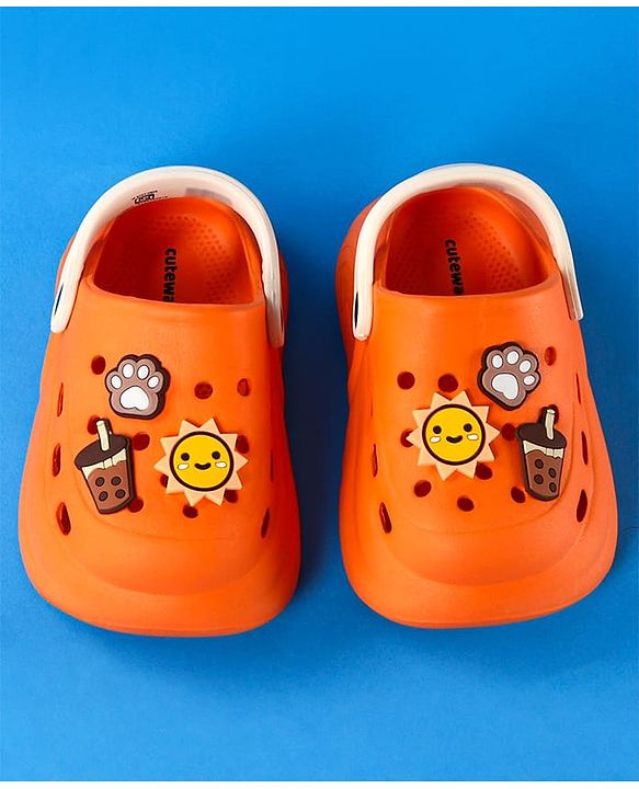 Cute Walk by Babyhug Clogs With Backstrap Closure Coffee Sun & Paw Appliques - Orange
