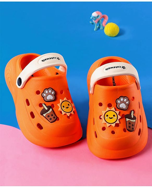 Cute Walk by Babyhug Clogs With Backstrap Closure Coffee Sun & Paw Appliques - Orange
