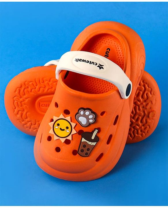 Cute Walk by Babyhug Clogs With Backstrap Closure Coffee Sun & Paw Appliques - Orange