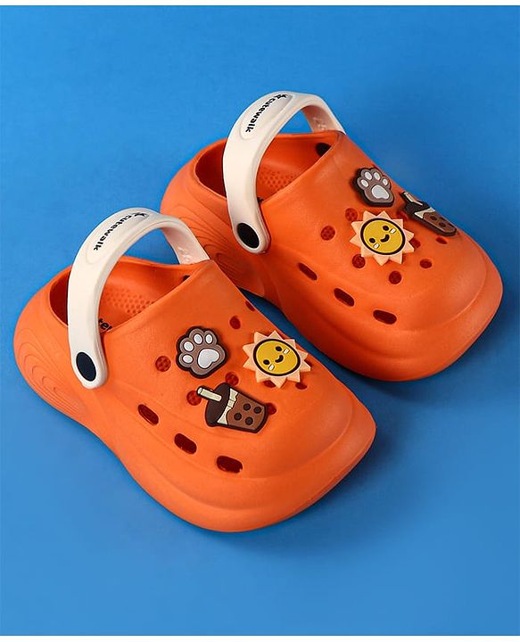 Cute Walk by Babyhug Clogs With Backstrap Closure Coffee Sun & Paw Appliques - Orange