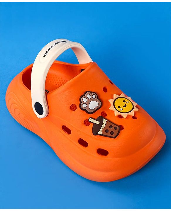 Cute Walk by Babyhug Clogs With Backstrap Closure Coffee Sun & Paw Appliques - Orange