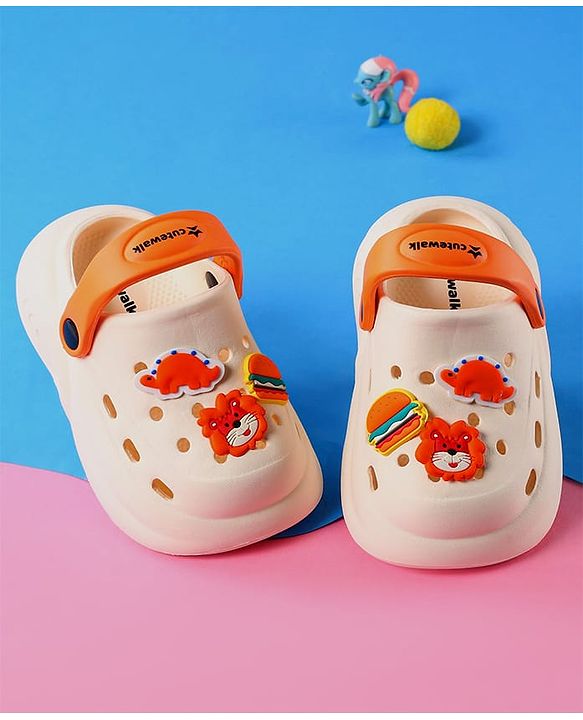 Cute Walk by Babyhug Clogs With Backstrap Closure Burger Lion & Dino Appliques - White