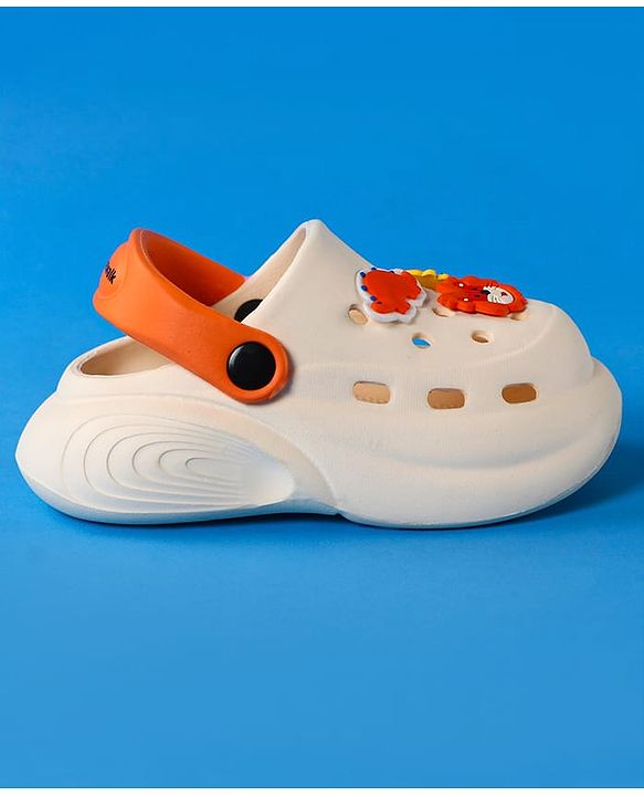 Cute Walk by Babyhug Clogs With Backstrap Closure Burger Lion & Dino Appliques - White