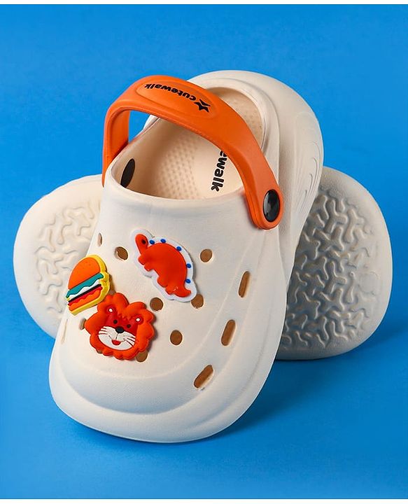 Cute Walk by Babyhug Clogs With Backstrap Closure Burger Lion & Dino Appliques - White