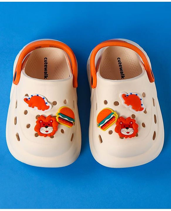 Cute Walk by Babyhug Clogs With Backstrap Closure Burger Lion & Dino Appliques - White
