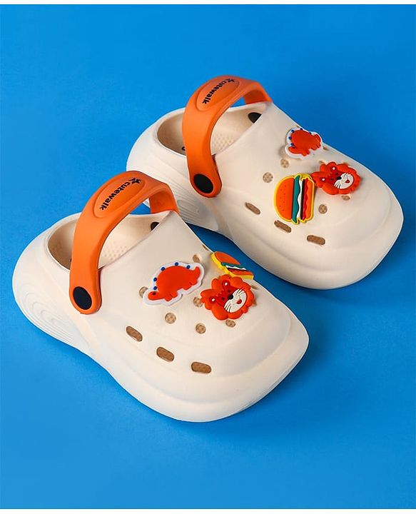 Cute Walk by Babyhug Clogs With Backstrap Closure Burger Lion & Dino Appliques - White