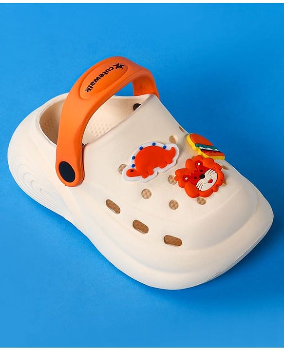 Cute Walk by Babyhug Clogs With Backstrap Closure Burger Lion & Dino Appliques - White