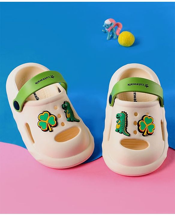 Cute Walk by Babyhug Clogs With Backstrap Closure Dino & Clover Appliques - White
