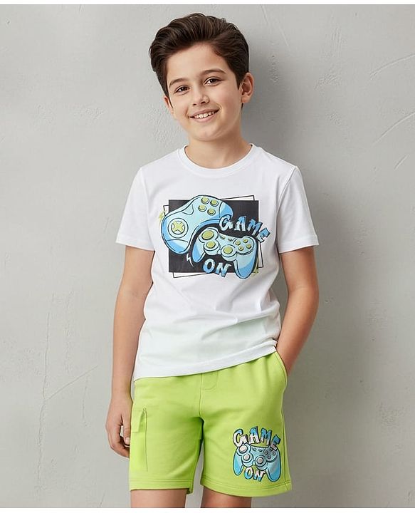 Pine Kids Cotton Knit Half Sleeves T-Shorts & Shorts Set with Gaming Print - White & Lime