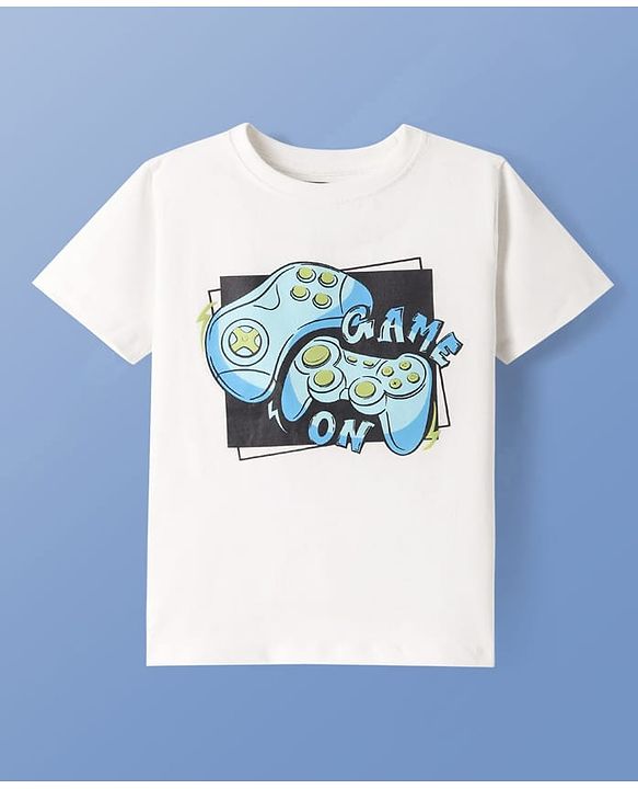 Pine Kids Cotton Knit Half Sleeves T-Shorts & Shorts Set with Gaming Print - White & Lime