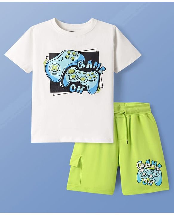 Pine Kids Cotton Knit Half Sleeves T-Shorts & Shorts Set with Gaming Print - White & Lime
