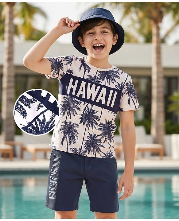Pine Kids Cotton Knit  Half Sleeves  T-Shirt & Shorts Set with Hawaii Text Print - Navy Blue