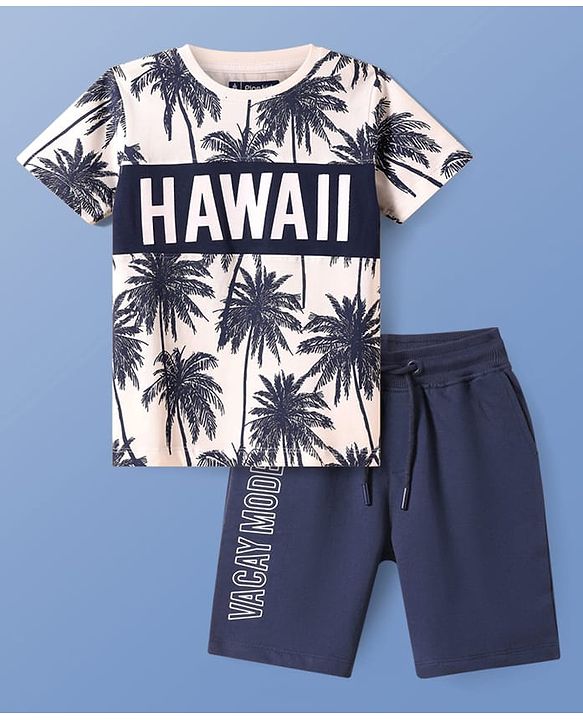 Pine Kids Cotton Knit  Half Sleeves  T-Shirt & Shorts Set with Hawaii Text Print - Navy Blue