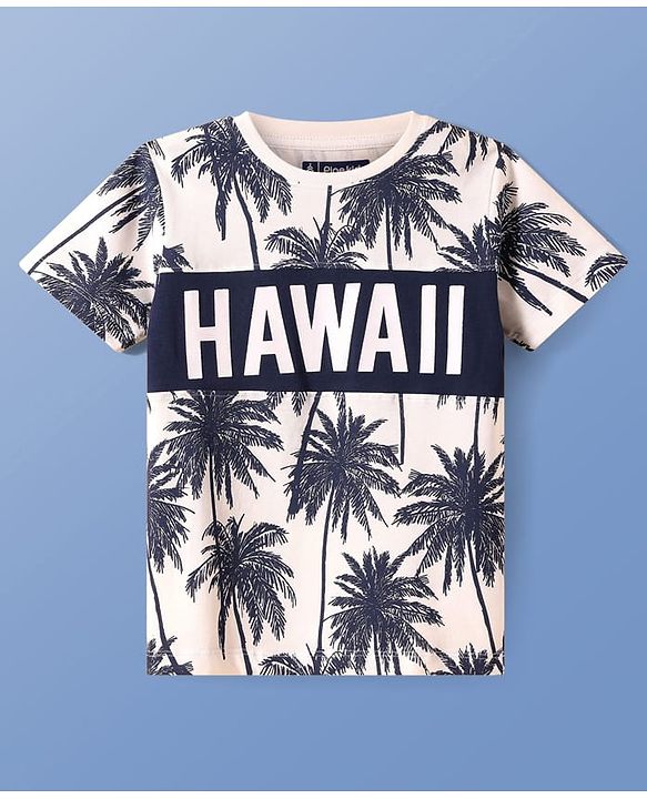 Pine Kids Cotton Knit  Half Sleeves  T-Shirt & Shorts Set with Hawaii Text Print - Navy Blue