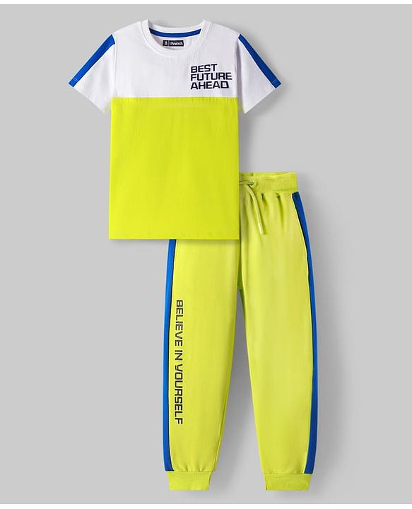 Pine Kids Cotton Woven Half Sleeves Cut & Sew Designed T-Shirt & Lounge Pant Set with Text Print - White & Lime Green