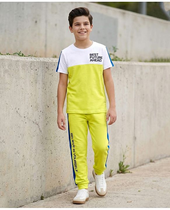 Pine Kids Cotton Woven Half Sleeves Cut & Sew Designed T-Shirt & Lounge Pant Set with Text Print - White & Lime Green