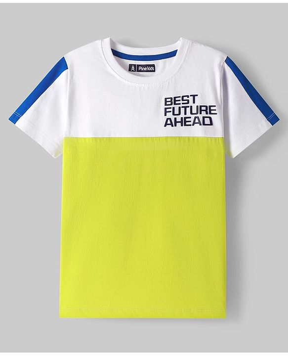 Pine Kids Cotton Woven Half Sleeves Cut & Sew Designed T-Shirt & Lounge Pant Set with Text Print - White & Lime Green