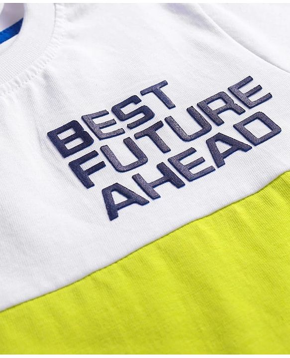 Pine Kids Cotton Woven Half Sleeves Cut & Sew Designed T-Shirt & Lounge Pant Set with Text Print - White & Lime Green