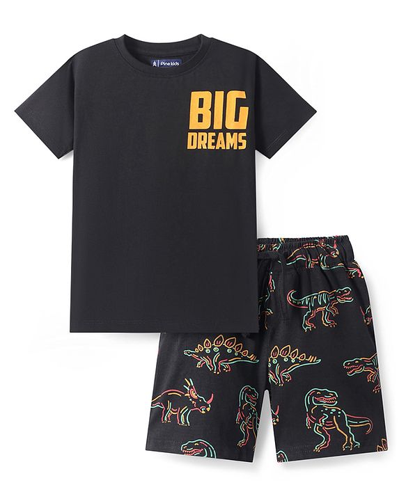 Pine Kids Single Jersey Knit Half Sleeves Night Suit With Dino Print - Black