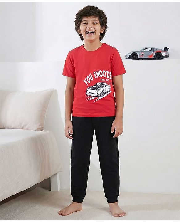 Pine Kids Single Jersey Knit Half Sleeves Night Suit With Car Print - Red