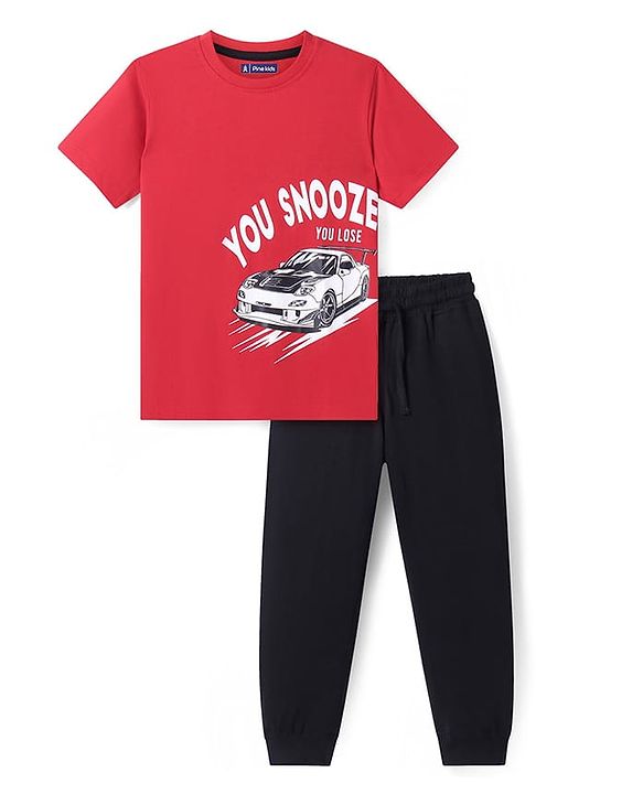 Pine Kids Single Jersey Knit Half Sleeves Night Suit With Car Print - Red