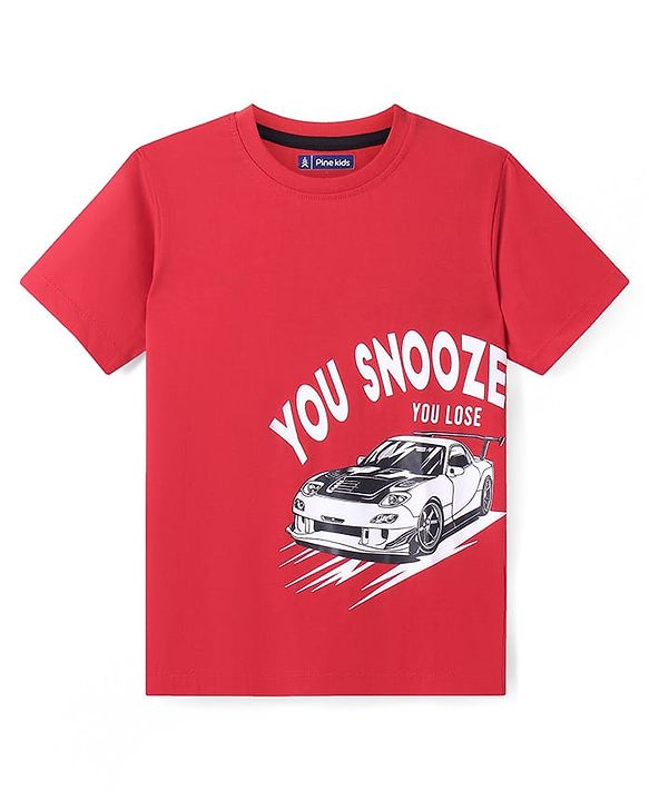 Pine Kids Single Jersey Knit Half Sleeves Night Suit With Car Print - Red