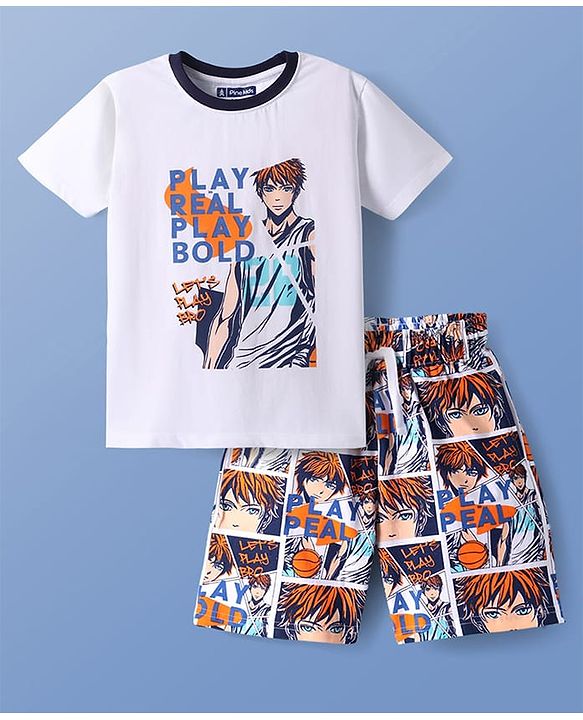 Pine Kids Single Jersey Knit Half Sleeves Shorts Night Suit With Rugby Ball Print - White