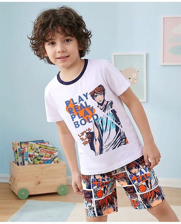 Pine Kids Single Jersey Knit Half Sleeves Shorts Night Suit With Rugby Ball Print - White