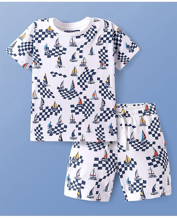 Pine Kids Single Jersey Knit Half Sleeves Shorts Night Suit with Ship Print - White
