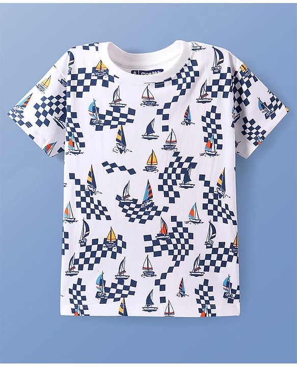 Pine Kids Single Jersey Knit Half Sleeves Shorts Night Suit with Ship Print - White