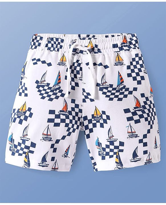 Pine Kids Single Jersey Knit Half Sleeves Shorts Night Suit with Ship Print - White