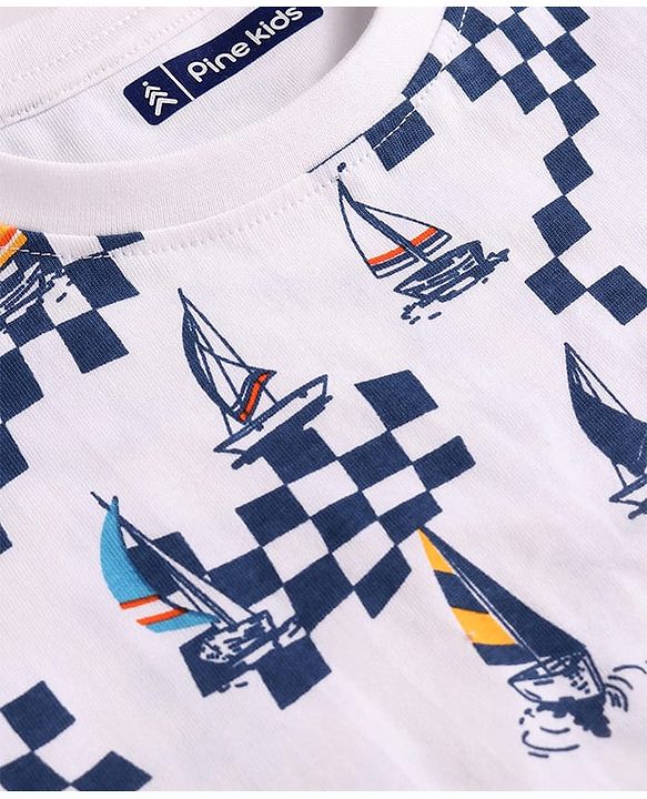 Pine Kids Single Jersey Knit Half Sleeves Shorts Night Suit with Ship Print - White