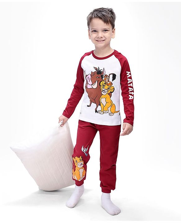 Babyhug Disney Single Jersey Knit Full Raglan Sleeves T-Shirt & Joggers Set With Simba & Friends Graphics - Dark Red & White