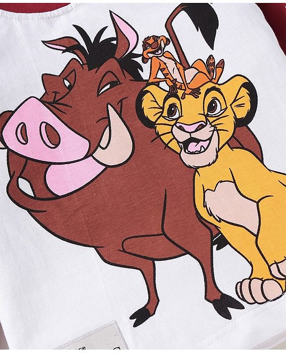 Babyhug Disney Single Jersey Knit Full Raglan Sleeves T-Shirt & Joggers Set With Simba & Friends Graphics - Dark Red & White