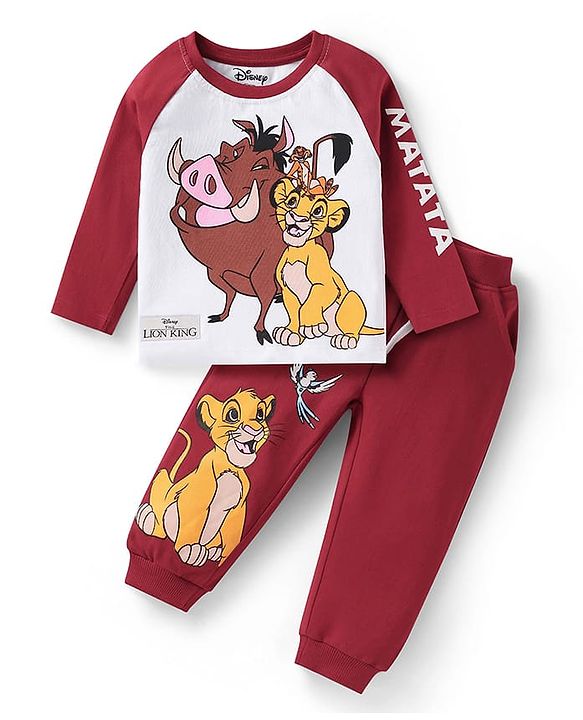 Babyhug Disney Single Jersey Knit Full Raglan Sleeves T-Shirt & Joggers Set With Simba & Friends Graphics - Dark Red & White