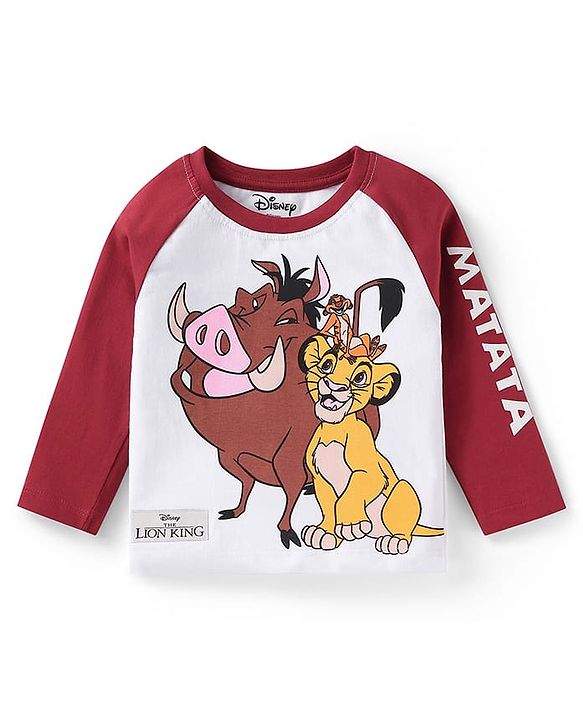 Babyhug Disney Single Jersey Knit Full Raglan Sleeves T-Shirt & Joggers Set With Simba & Friends Graphics - Dark Red & White
