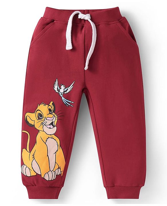 Babyhug Disney Single Jersey Knit Full Raglan Sleeves T-Shirt & Joggers Set With Simba & Friends Graphics - Dark Red & White
