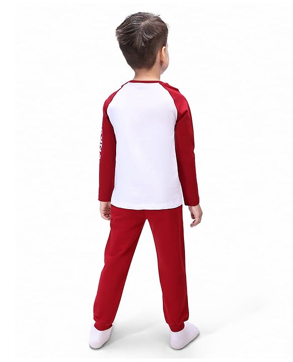 Babyhug Disney Single Jersey Knit Full Raglan Sleeves T-Shirt & Joggers Set With Simba & Friends Graphics - Dark Red & White