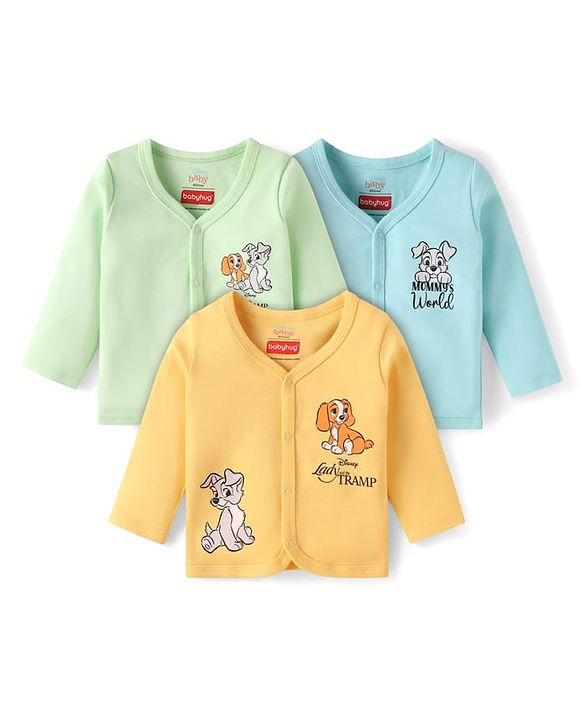 Babyhug Disney Interlock Knit Full Sleeves Jhablas with Lady & the Tramp Graphic Pack of 3 - Yellow Light Green & Blue