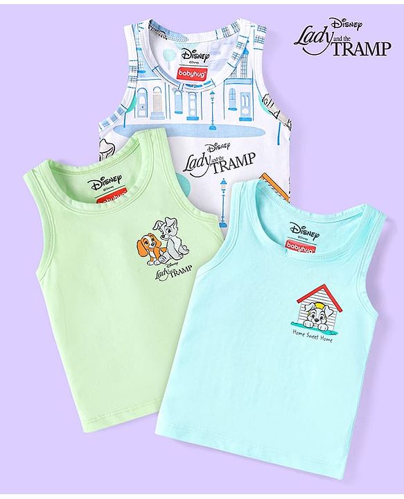 Babyhug Disney Cotton Knit Sleeveless Vests With Lady And The Tramp Graphics Pack of 3 - White Light Blue & Light Green