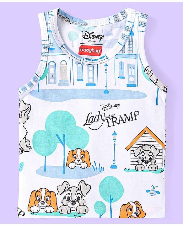 Babyhug Disney Cotton Knit Sleeveless Vests With Lady And The Tramp Graphics Pack of 3 - White Light Blue & Light Green