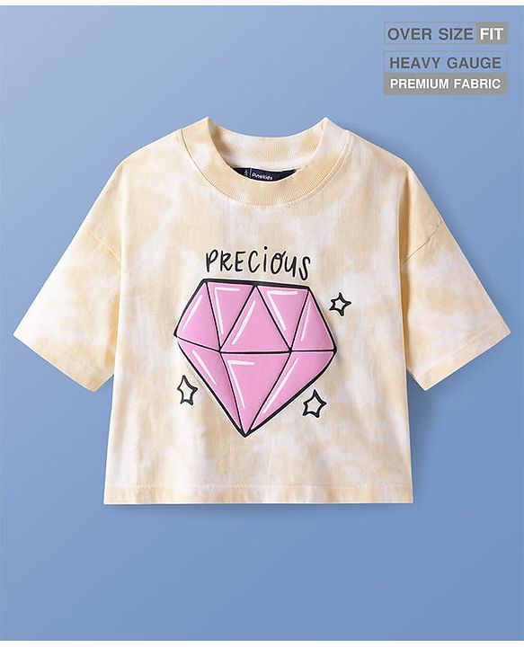 Pine Kids Cotton Knit Half Drop Shoulder Sleeves T-Shirt with Text Print - Peach
