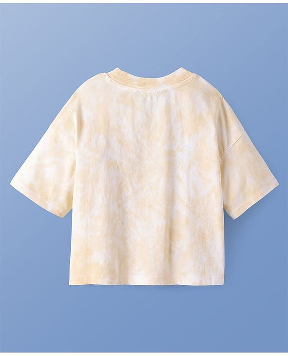 Pine Kids Cotton Knit Half Drop Shoulder Sleeves T-Shirt with Text Print - Peach